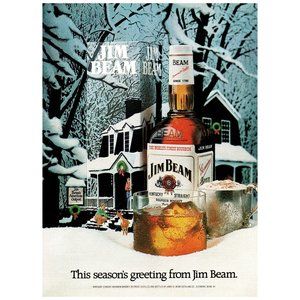 1981 Jim Beam Bourbon Season's Greeting Vintage Print Ad Christmas Deer Snow Art
